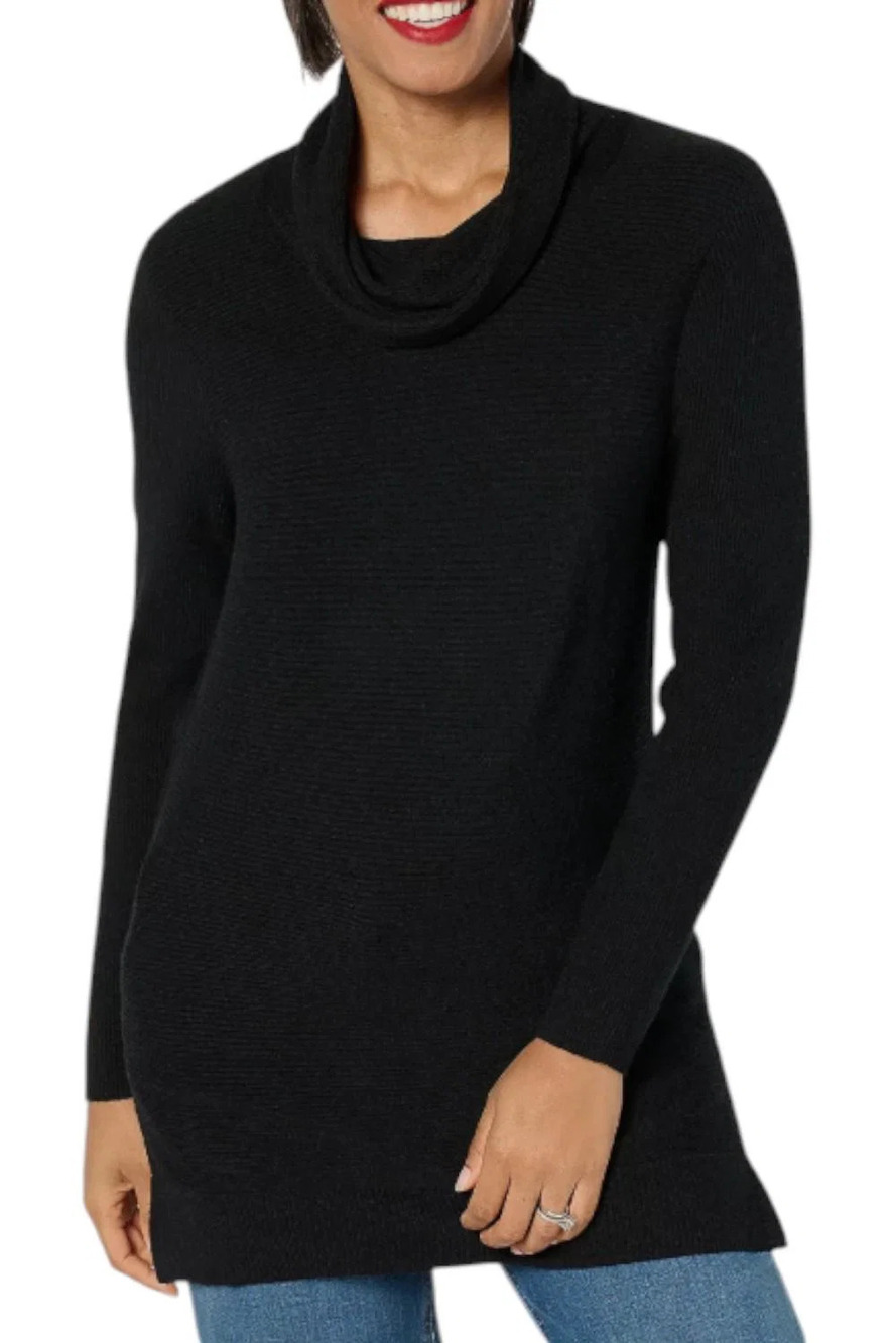 AnyBody Women's Brushed Rib Cowl Neck Sweater Side Slits Black - Plus